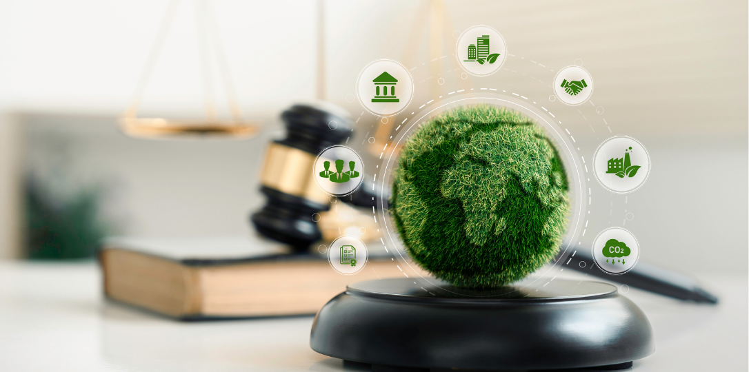 Green globe with ESG icons and a gavel in the backgraund 