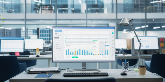 Desk with computer displaying business performance charts