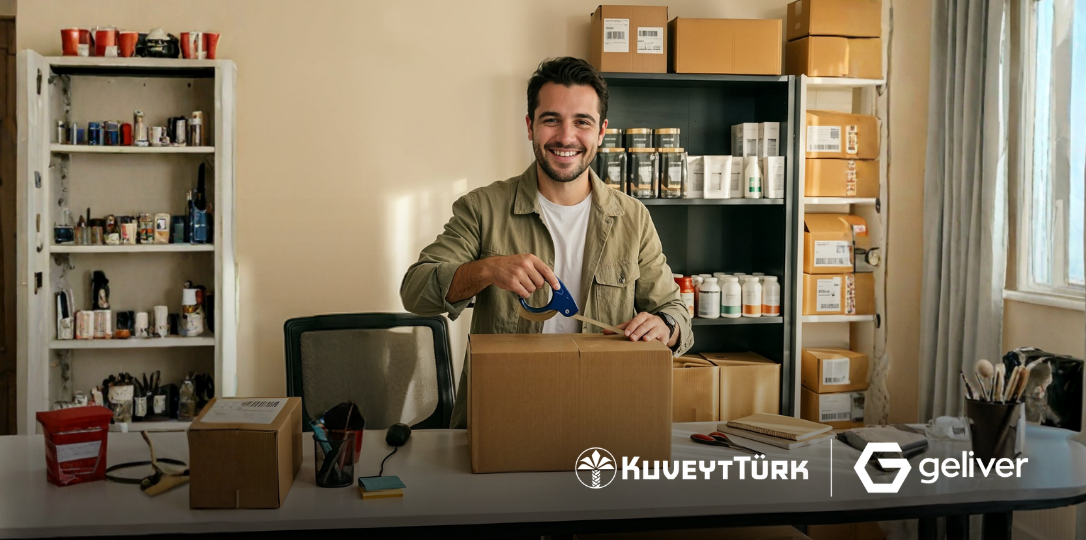 masasının üzerinde koli bantlayan kobi genç adam