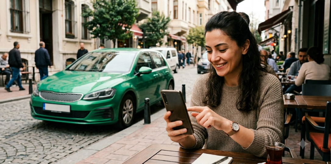 kafede elindeki telefon ile aracına kasko sigortası başvurusu yapan genç kadın