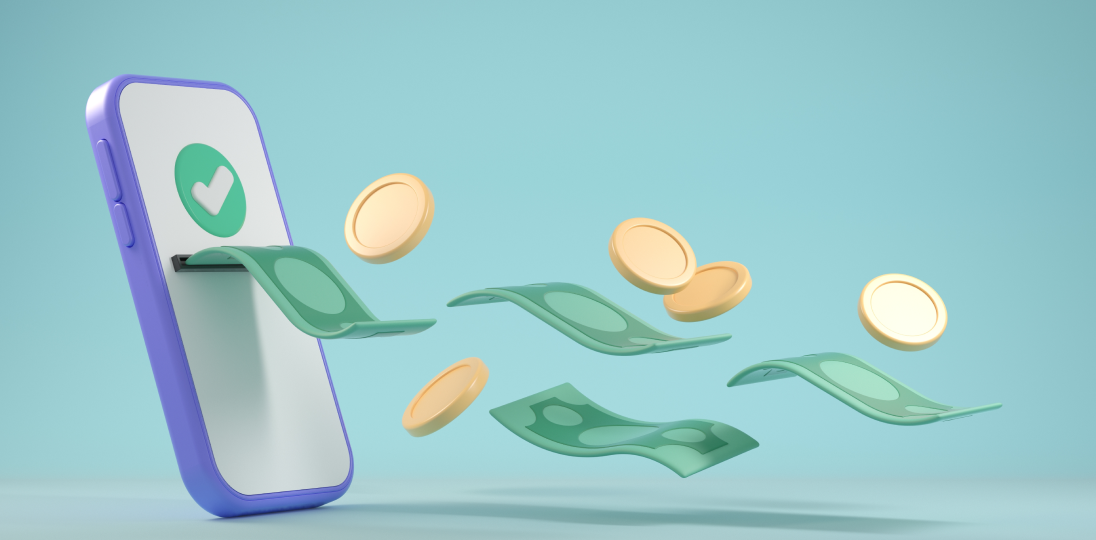coins and banknotes that appear to pop out of a phone screen